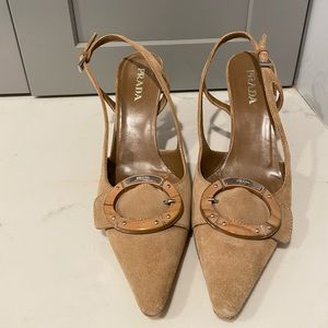 Tan Prada suede sling back heels size 7.5